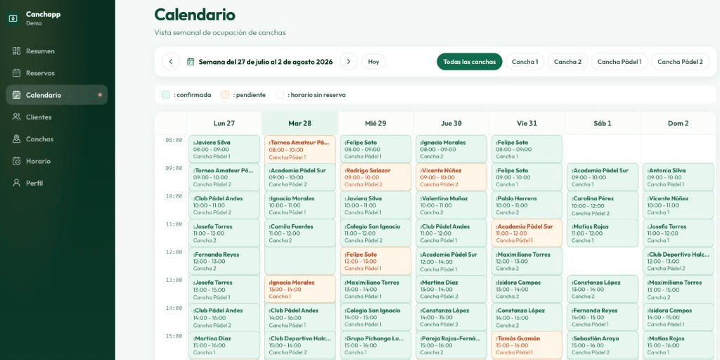 Calendario semanal real de Canchapp