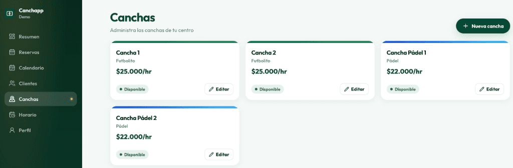 Pantalla de canchas de Canchapp