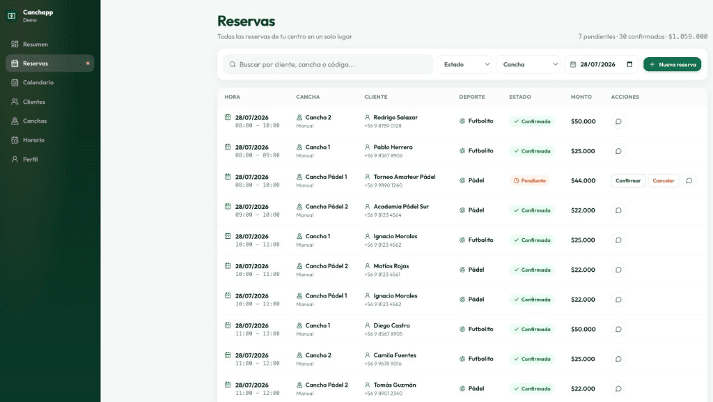 Pantalla real de reservas de Canchapp