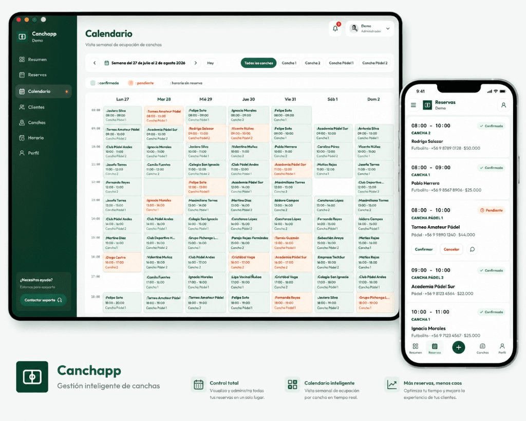 Canchapp en tablet y celular: calendario y reservas reales